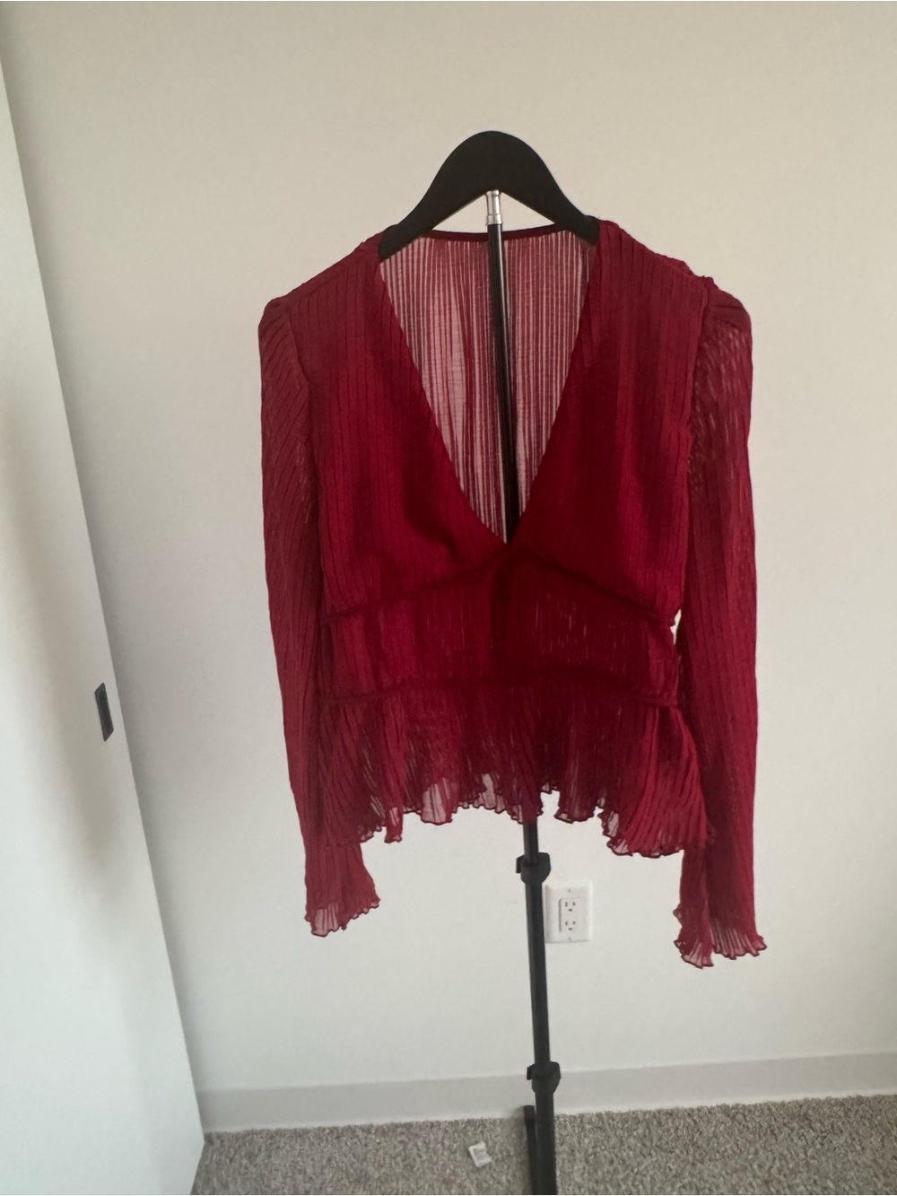 Women's Burgundy V-Neck Pleated Blouse